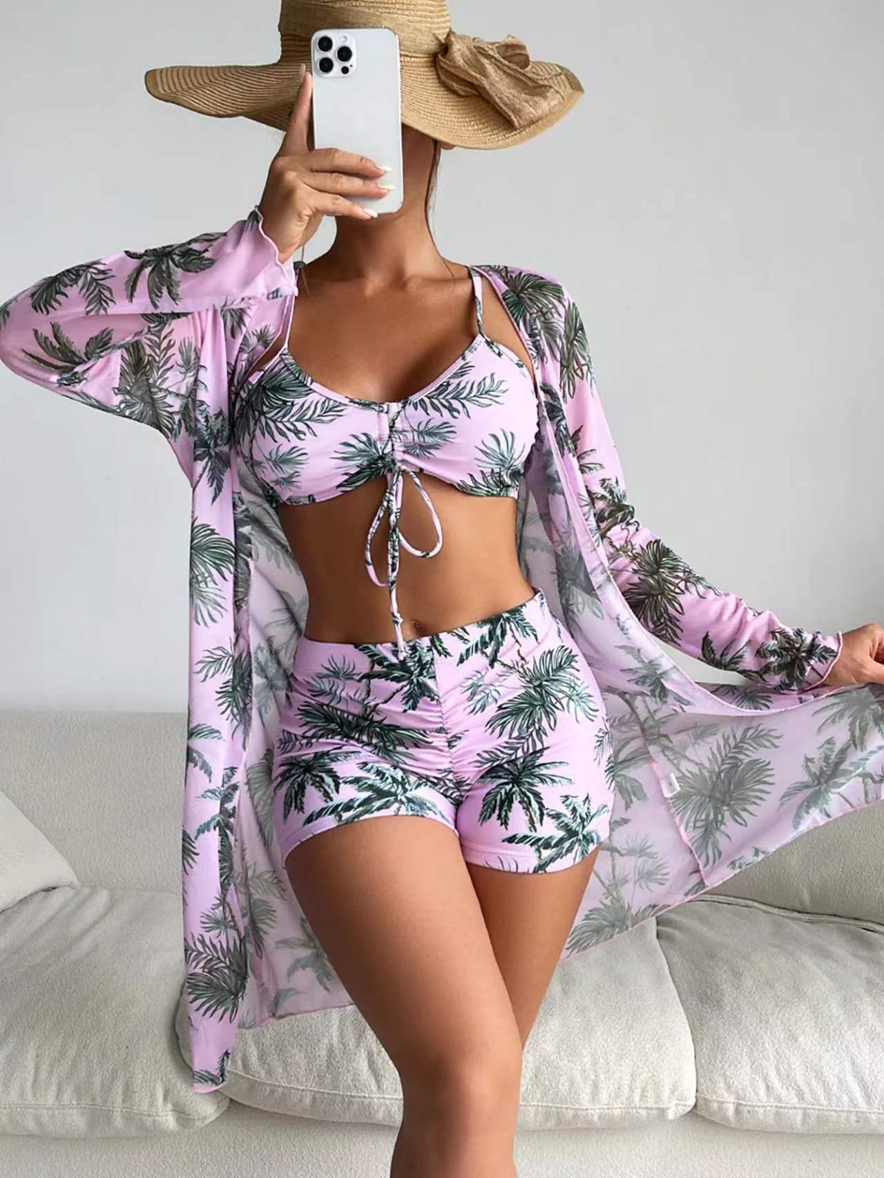 Women's 3-Piece Swimsuit Set – High Waist, Long Sleeve Cover-Up & Boy Shorts