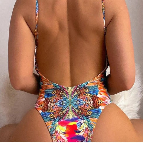 Printed Backless Halter One-Piece Swimsuit – Multicolor