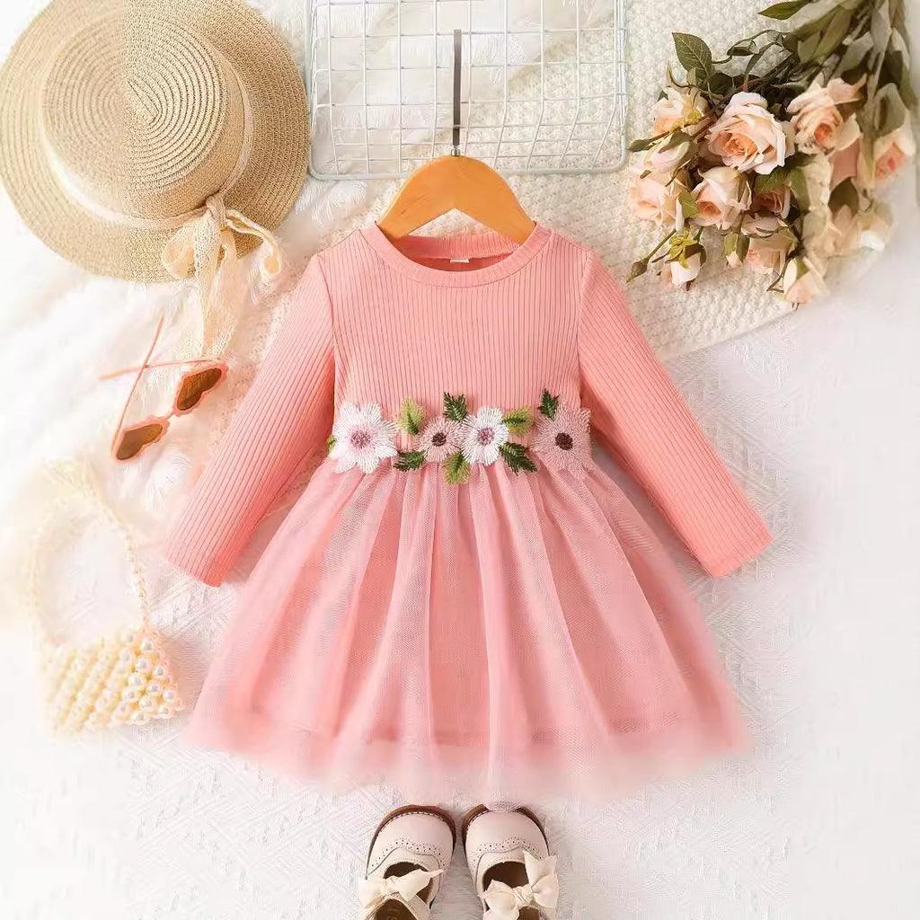 Baby Girl Waist Flower Mesh Dress | Spring & Autumn