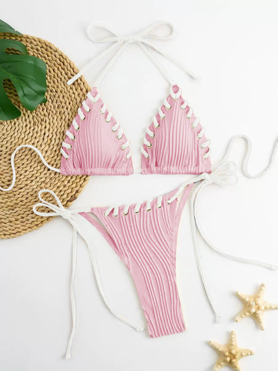 Women's Solid Color Strap Two-Piece Bikini Set
