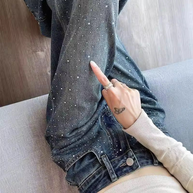 Women's High Waist Wide Leg Rhinestone Jeans | Dark Blue Straight Pants