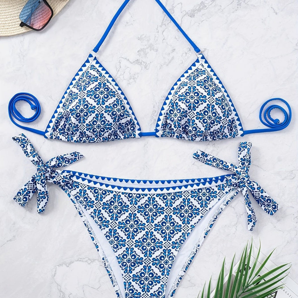 Women's Royal Blue Floral Print Two-Piece Bikini Set