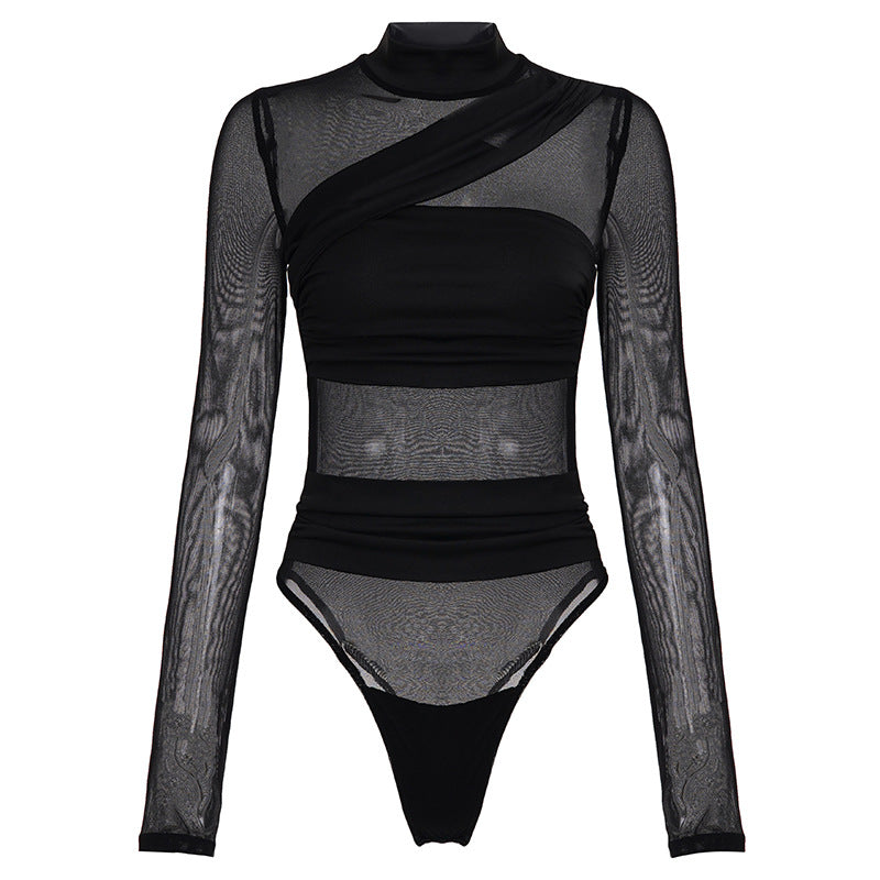 Women's Mesh See-Through Long Sleeve Bodysuit | Bandage Turtleneck Top