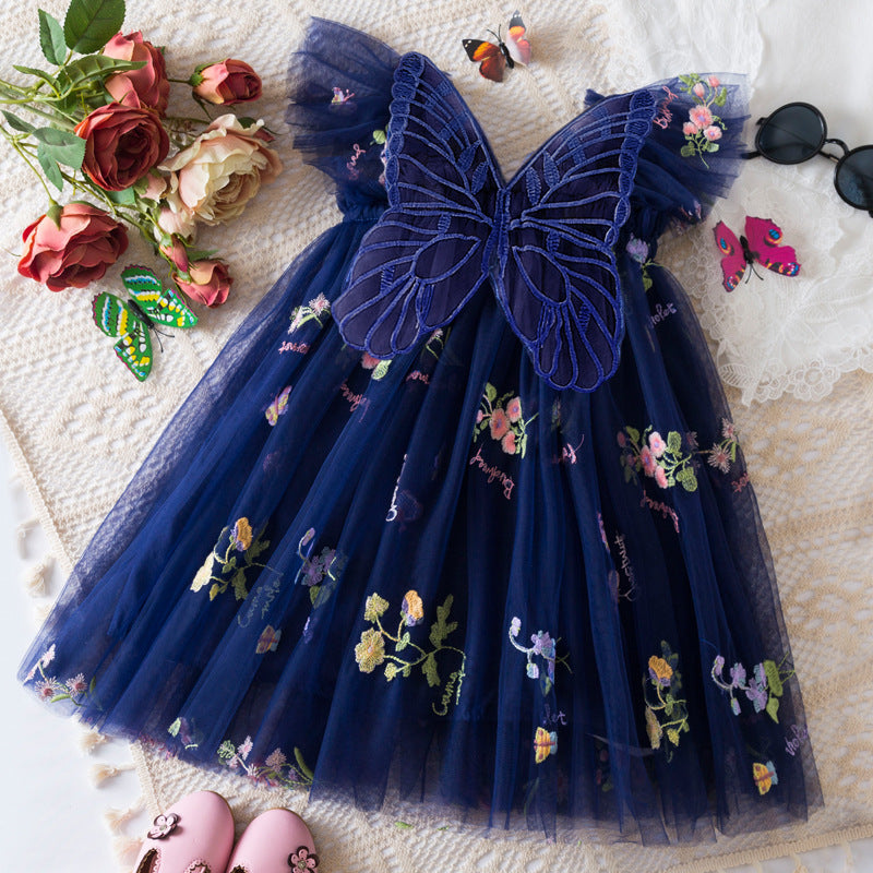 Girls' Korean Flower Embroidered Mesh Princess Dress