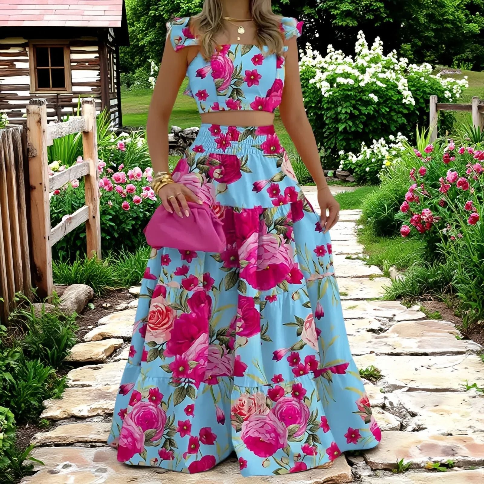 Women's Two-Piece Maxi Dress Set – Sling Top & Swing Skirt