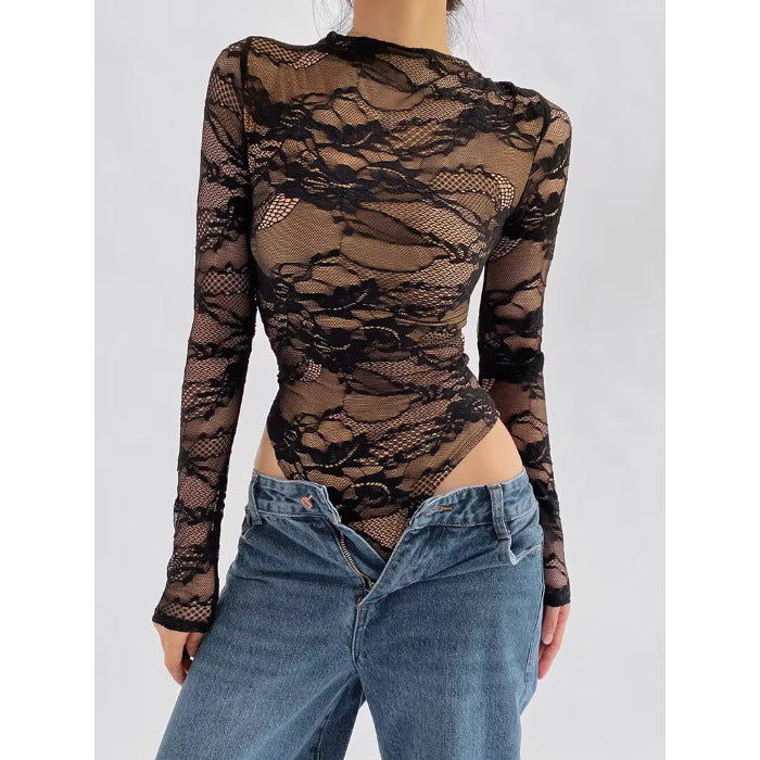 Women's Hollow Lace Long-Sleeve Slim Fit Top