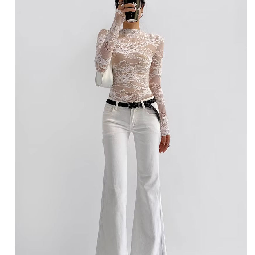 Women's Hollow Lace Long-Sleeve Slim Fit Top