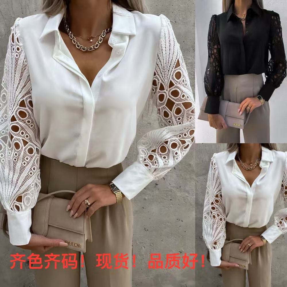Women's Lace Stitching Blouse | Solid Color Elegant Top