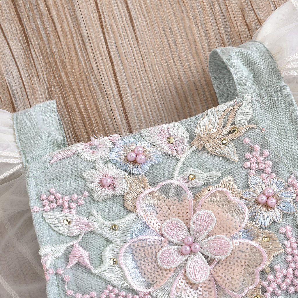 Baby Girl Gauze Lace Beaded Romper | Patchwork Lace-Up Jumpsuit