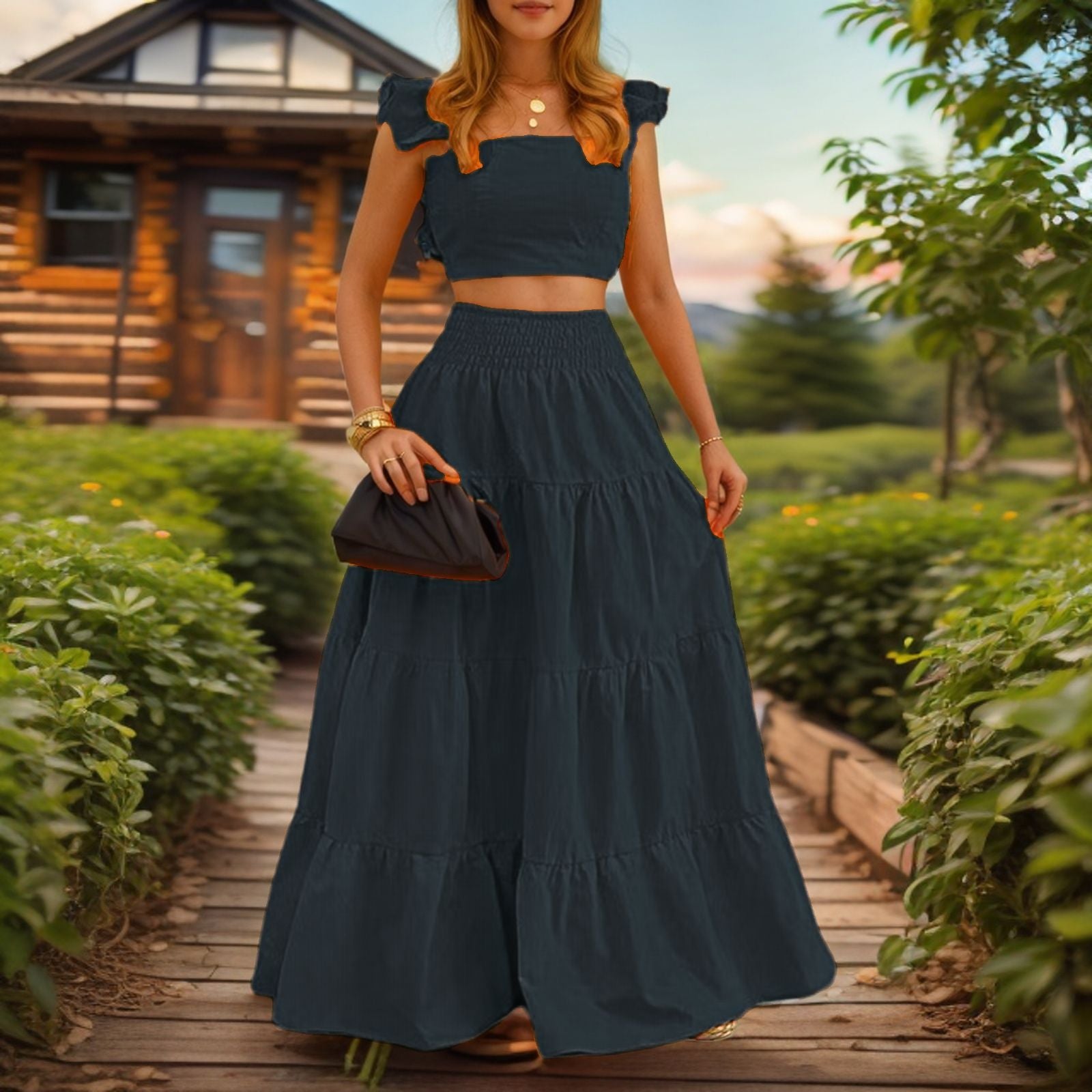 Women's Two-Piece Maxi Dress Set – Sling Top & Swing Skirt