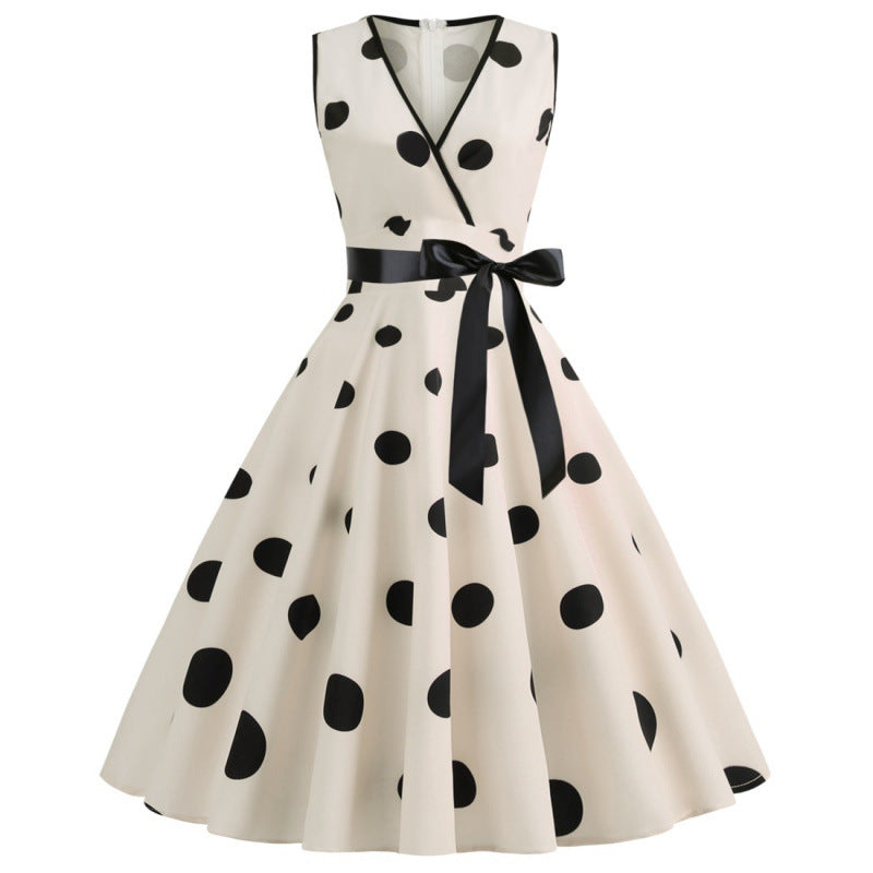 Women's Polka Dot Swing Dress | V-Neck Sleeveless Lace-Up Waist Midi Dress