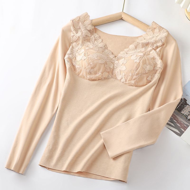 Women's Velvet Warm Lace Long Sleeve Top | Built-In Chest Pad