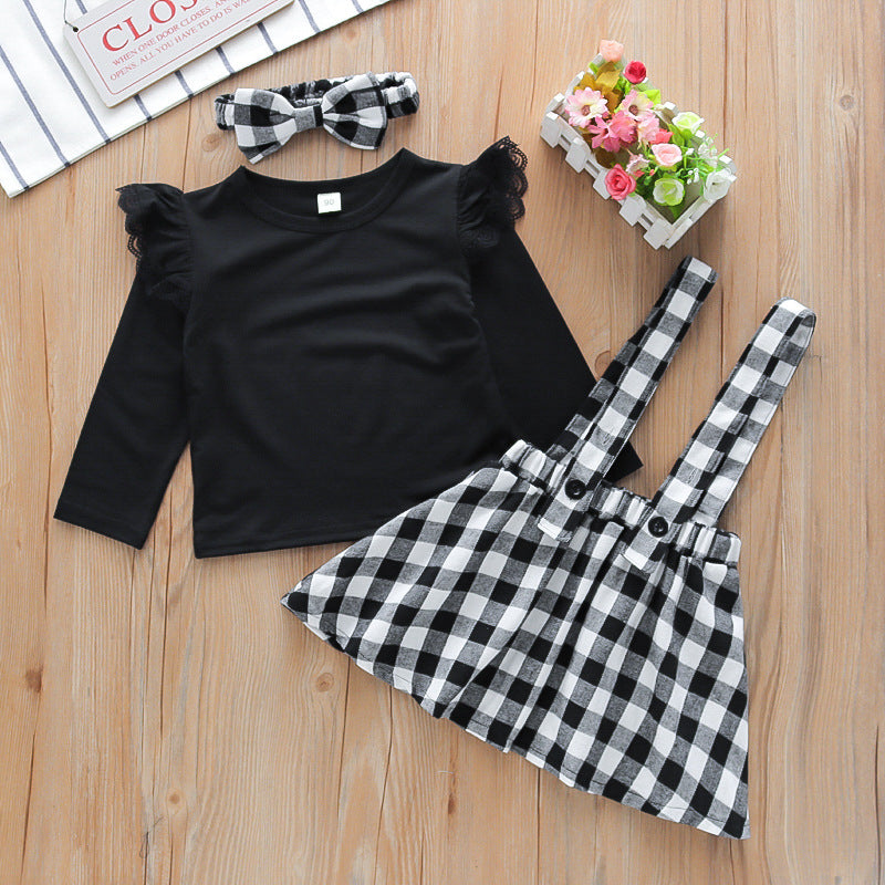 Girls' Check Sling Skirt & Lace T-Shirt Set