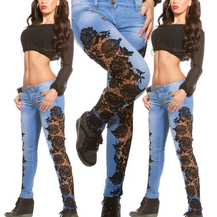 Women's Sexy Lace Cut-Out Jeans | Light Blue Lace Detail Denim