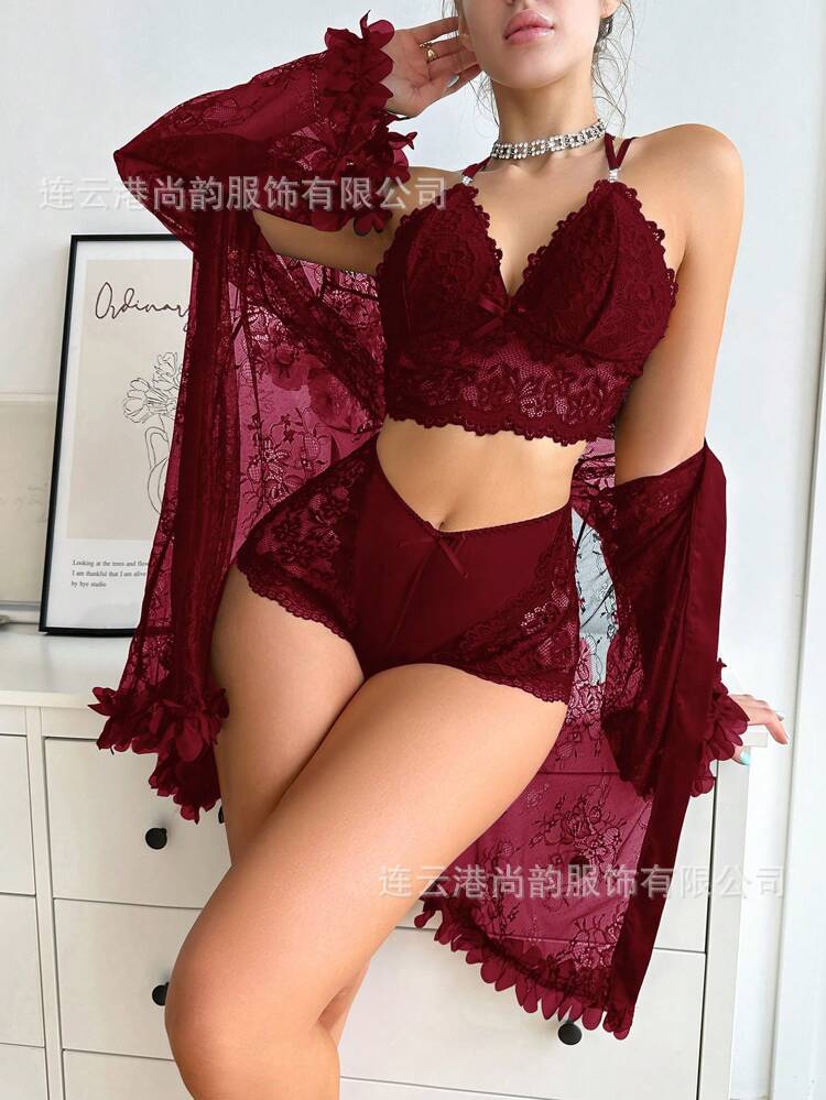 Women's French Lace Sling Pajama Three-Piece Set | 5 Colors, Sizes S–XL