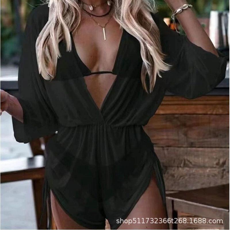 Bikini Three-Piece Set Tight Waist Lace-Up Long Sleeve Leaf Print Beach Conservative Swimsuit Sporty