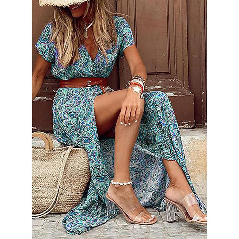 Women's Bohemian V-Neck Floral Midi Dress – 9 Colors, Sizes S–3XL