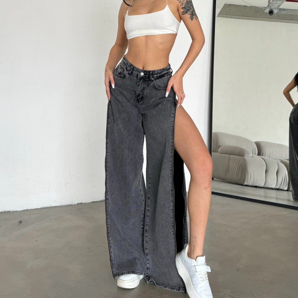 Women's High Waist Side Zipper Straight Leg Jeans | Grey Loose Fit