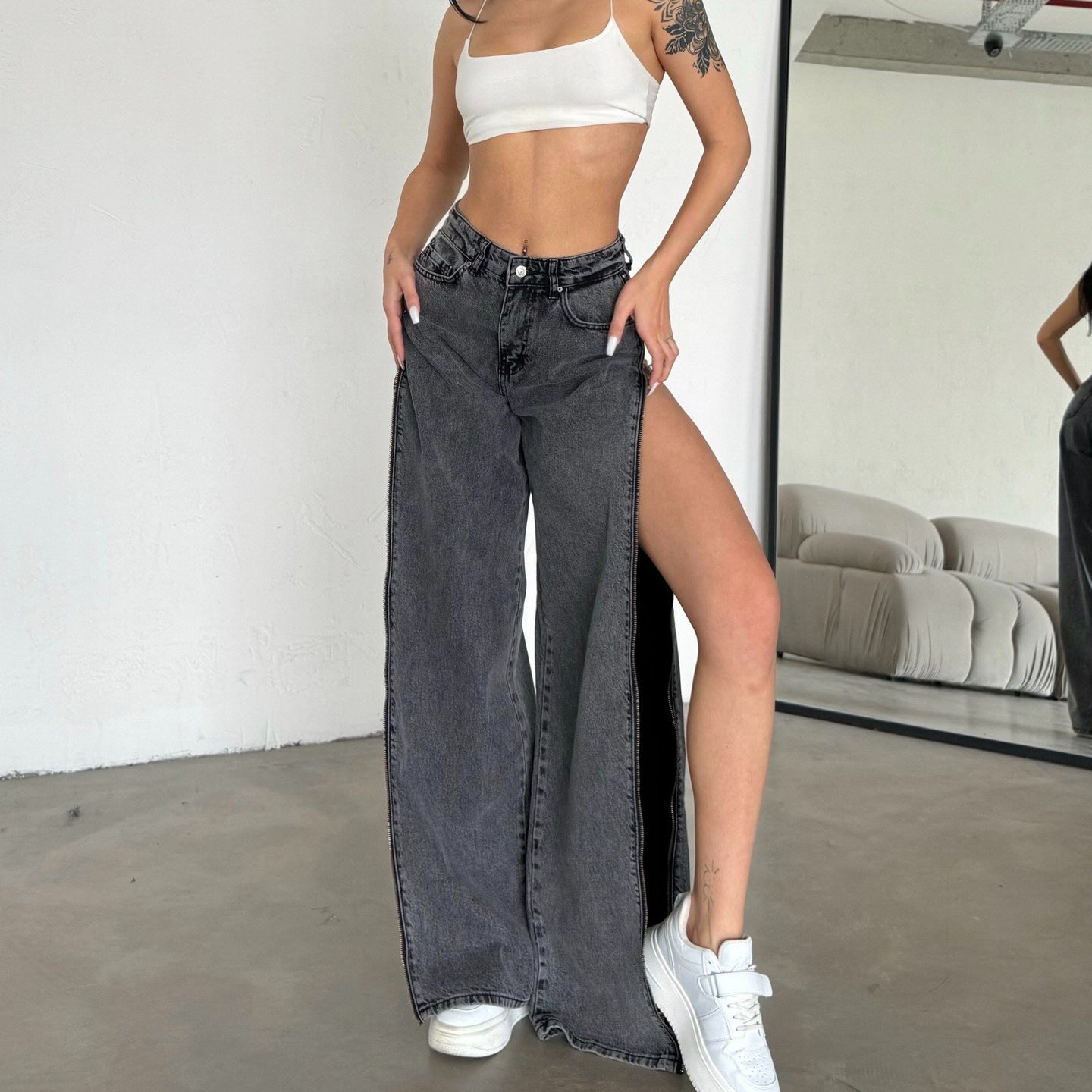 Women's High Waist Side Zipper Straight Leg Jeans | Grey Loose Fit