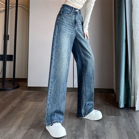 Women's High Waist Wide Leg Rhinestone Jeans | Dark Blue Straight Pants