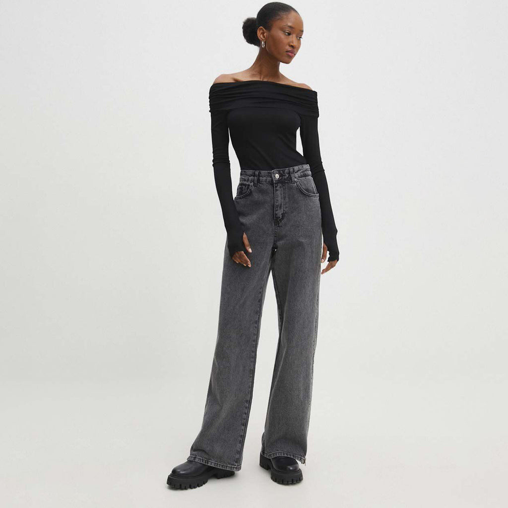 Women's High Waist Side Zipper Straight Leg Jeans | Grey Loose Fit