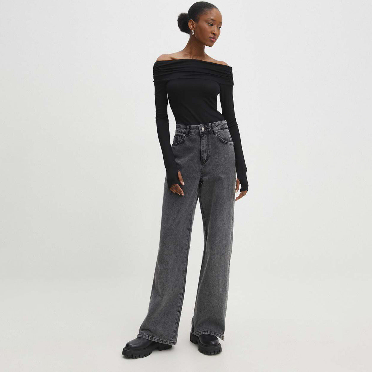 Women's High Waist Side Zipper Straight Leg Jeans | Grey Loose Fit