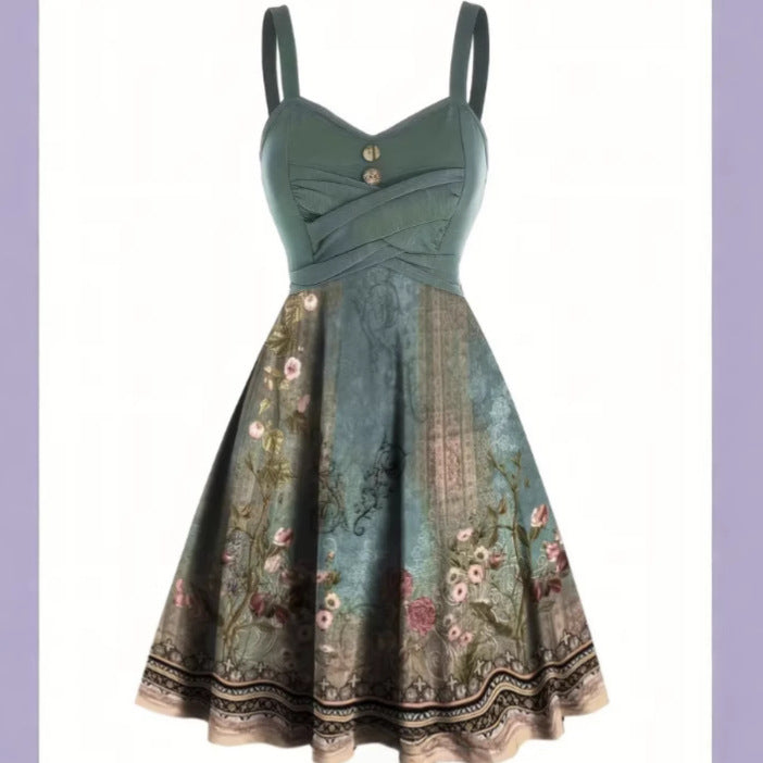 Women's Peacock Green Floral Strapless Midi Dress – Elegant Summer Style