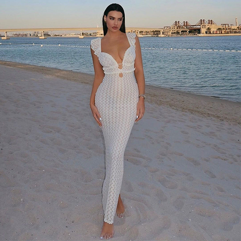 Women's V-Neck Backless Knit Resort Dress – French Elegant Style