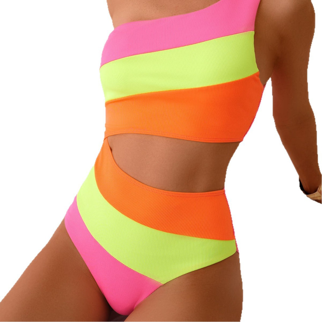 Women's Contrast Color Off-Shoulder Cutout Bikini Set