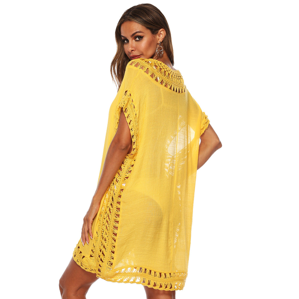 Women's V-Neck Hollow Crochet Beach Cover-Up Blouse