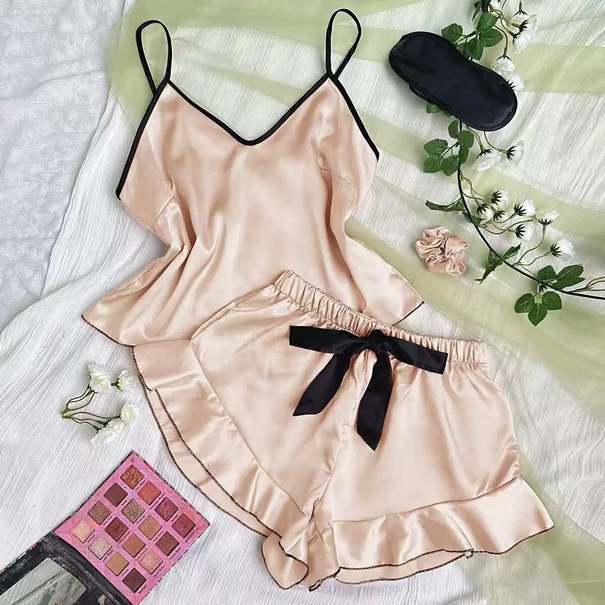 Women's Ice Silk Satin Pajama Set – Vest & Shorts | 5 Colors, Sizes S–XXL
