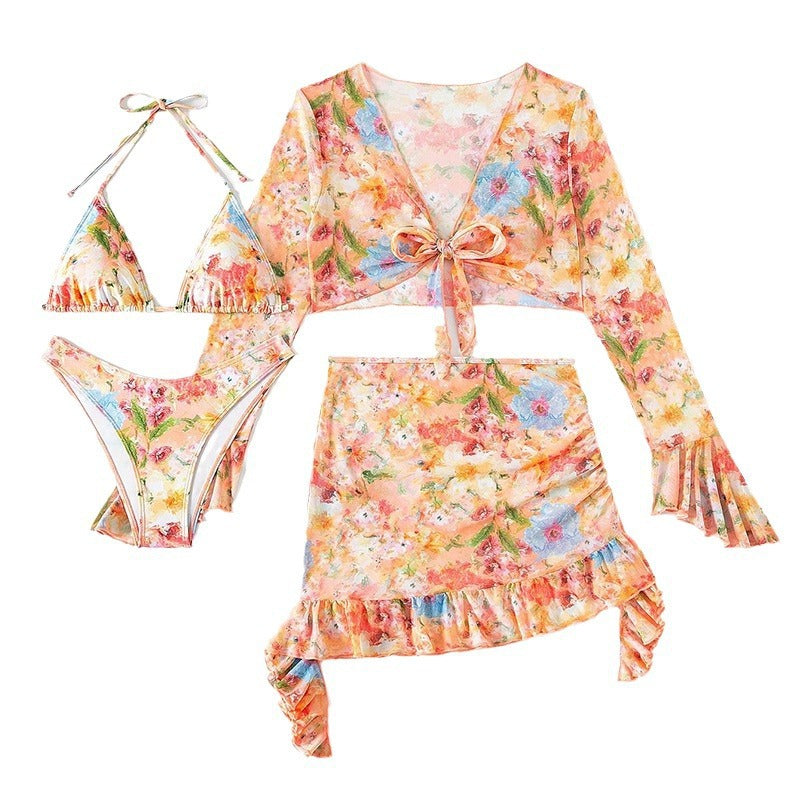 Women's 4-Piece Print Beach Dress Bikini Set | 3 Colors, Sizes XS–L