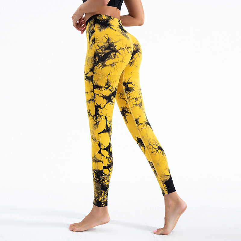 Seamless Peach Yoga Tight-Fit Shorts Women's Tie-Dye Tie-Floating Printed High Waist Hip-Lifting Sports Running Fitness Pants