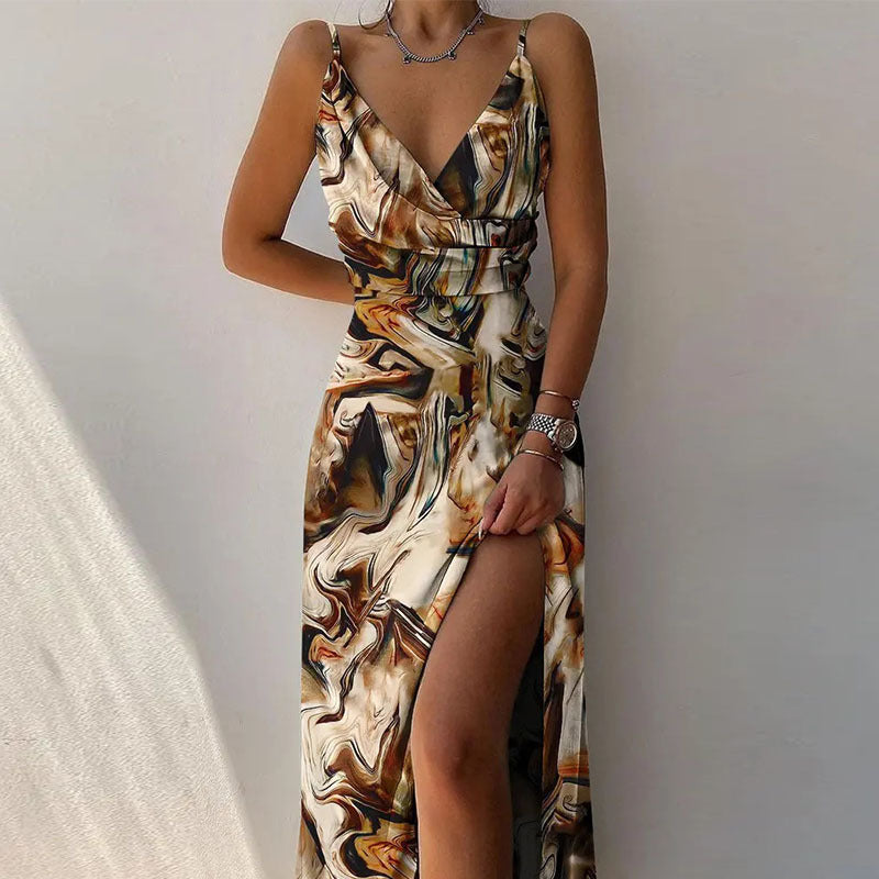 Women's V-Neck Sling Split Print Maxi Dress