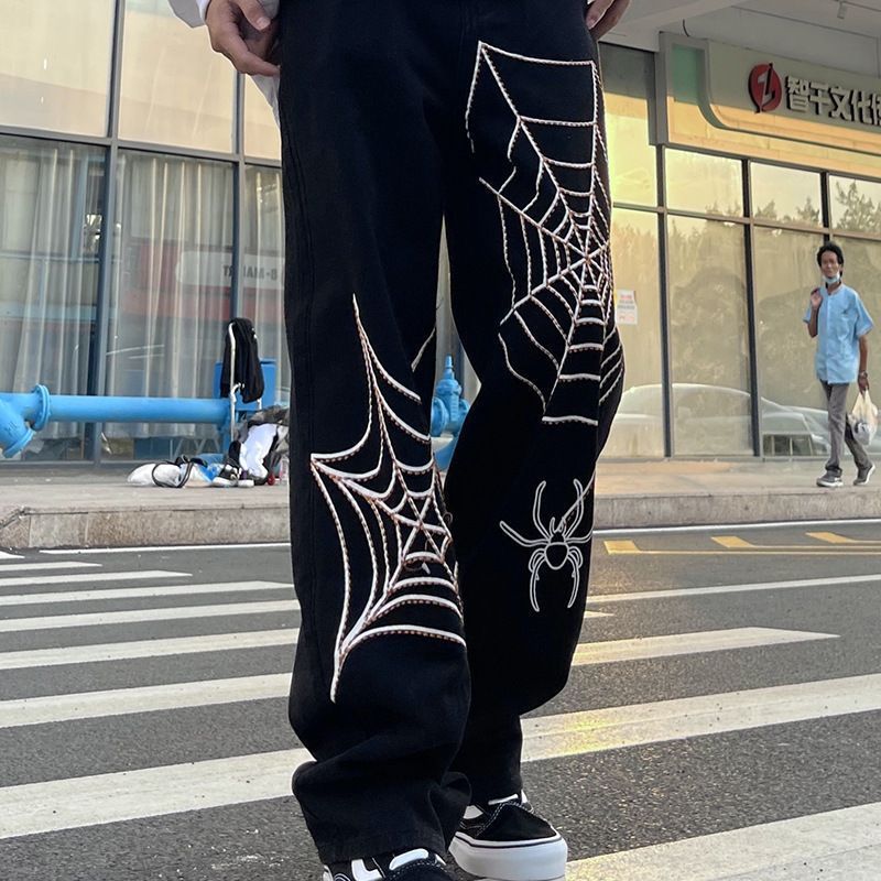 Men's Black Printed Wide Leg Jeans – Loose Fit, High Street Style | Sizes S–3XL