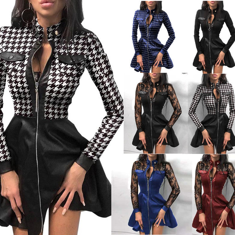 Women's PU Leather Long Sleeve V-Neck Zip Pocket Dress – 4 Styles, Sizes S–2XL