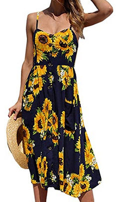 Women's Floral & Solid Strap Midi Dress – High Waist, Sleeveless, Multi-Color