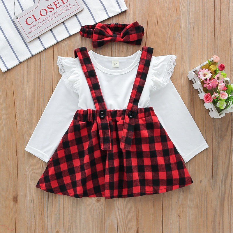 Girls' Check Sling Skirt & Lace T-Shirt Set