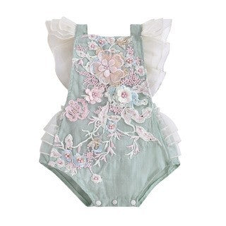 Baby Girl Gauze Lace Beaded Romper | Patchwork Lace-Up Jumpsuit
