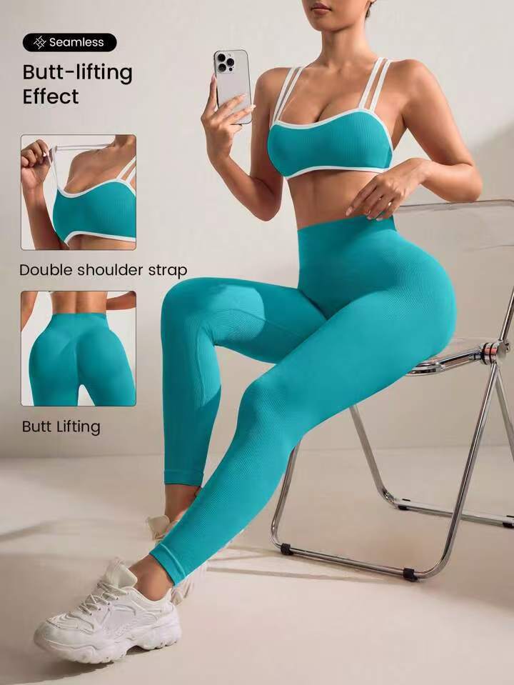 Women's Seamless Yoga Two-Piece Set – Strap Bra & Peach Hip Pants | 11 Colors, S–L
