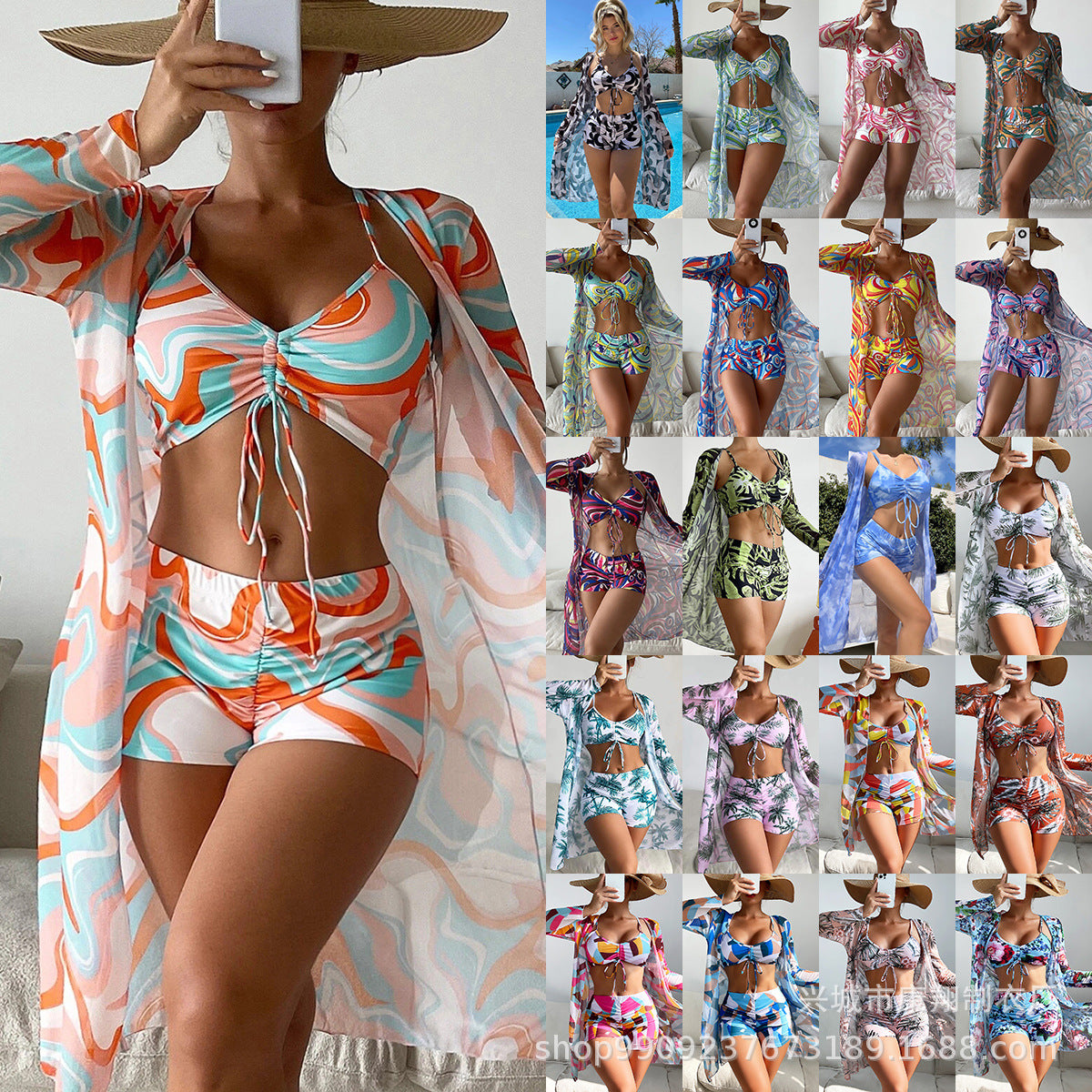 Women's 3-Piece Swimsuit Set – High Waist, Long Sleeve Cover-Up & Boy Shorts