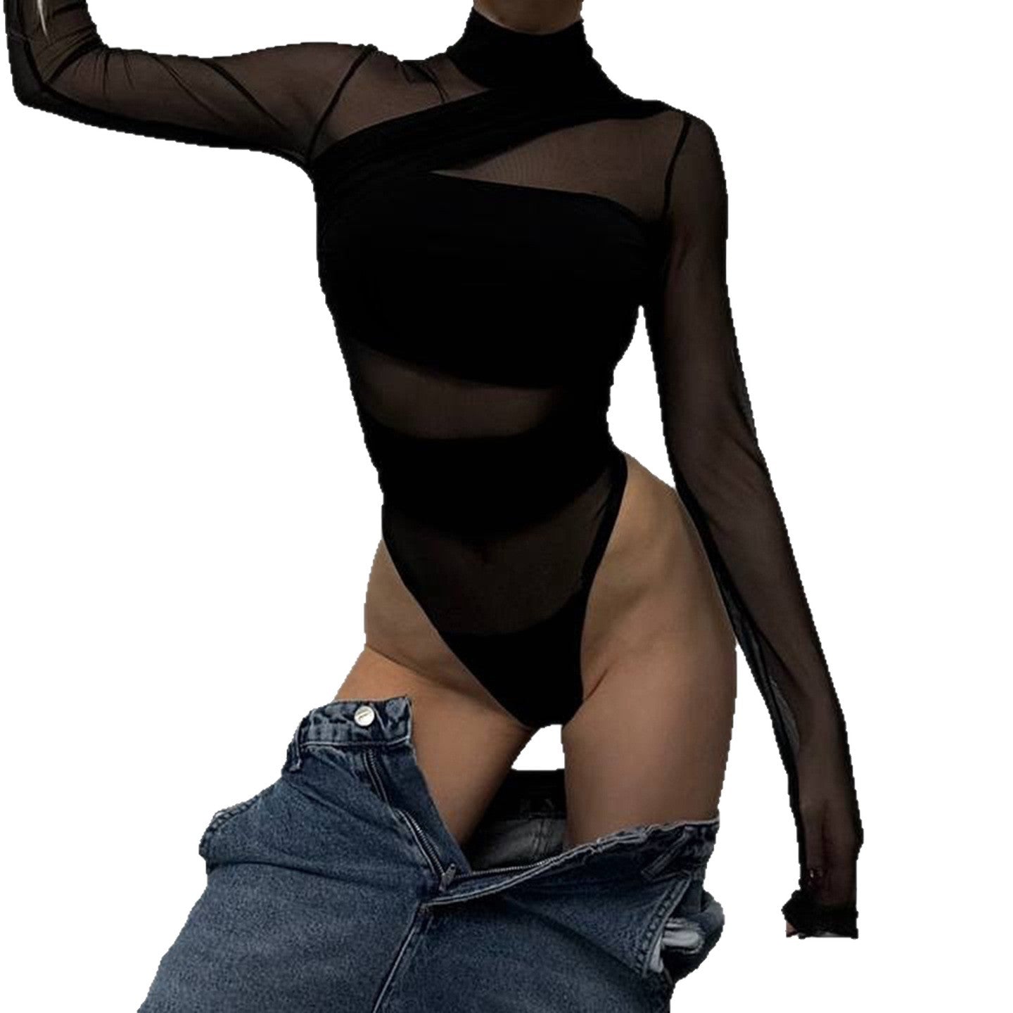 Women's Mesh See-Through Long Sleeve Bodysuit | Bandage Turtleneck Top