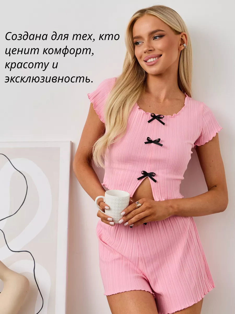 Women's Bow Knit Short Sleeve Crop Top | Sweet Slim Summer Top