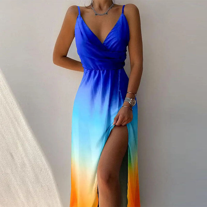 Women's V-Neck Sling Split Print Maxi Dress