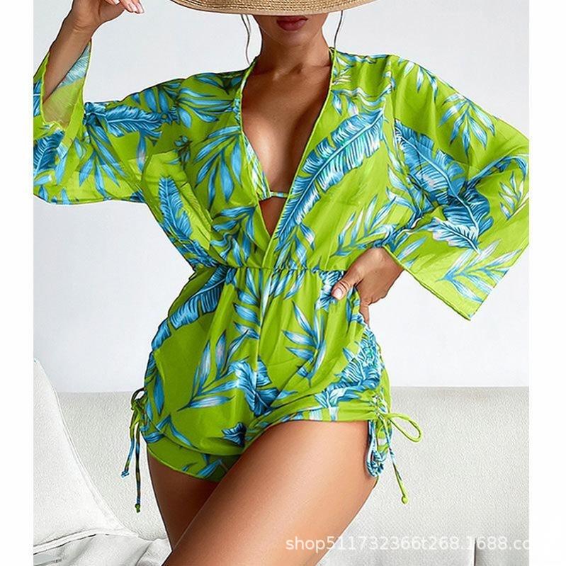 Bikini Three-Piece Set Tight Waist Lace-Up Long Sleeve Leaf Print Beach Conservative Swimsuit Sporty