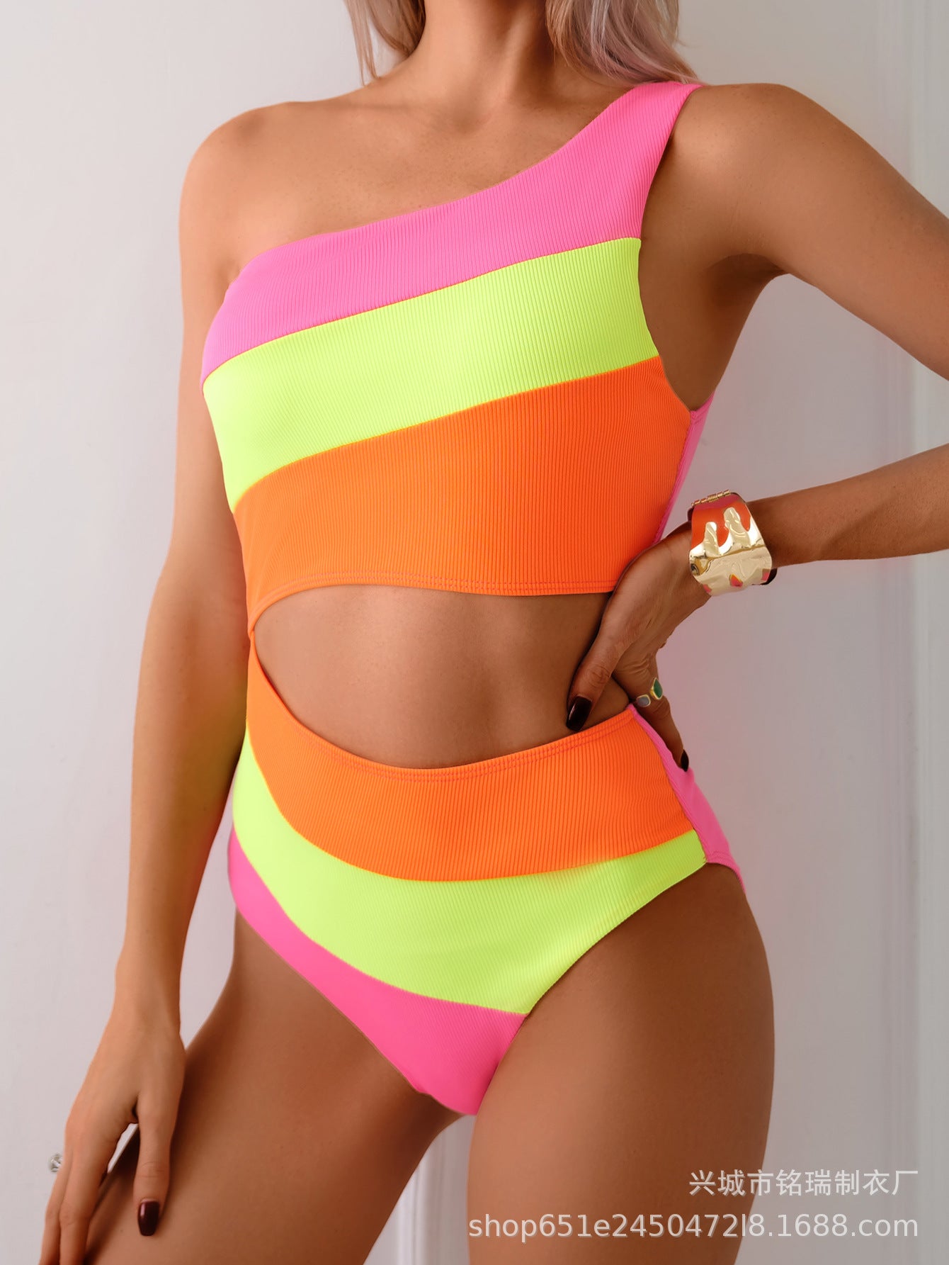 Women's Contrast Color Off-Shoulder Cutout Bikini Set