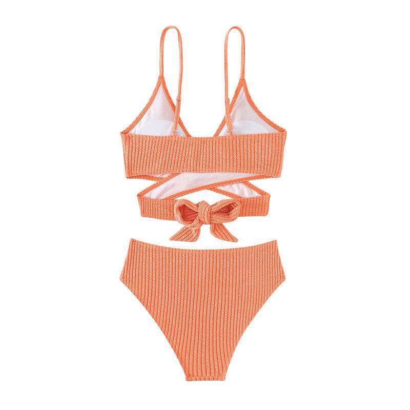 Women's Solid Color Lace-Up Halter High-Waist Bikini Set