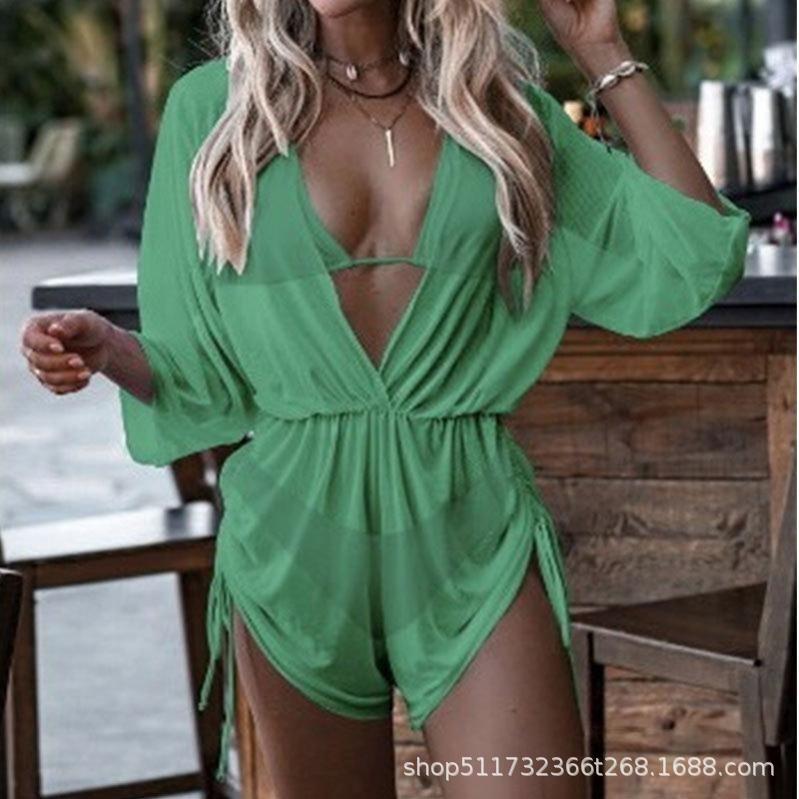 Bikini Three-Piece Set Tight Waist Lace-Up Long Sleeve Leaf Print Beach Conservative Swimsuit Sporty