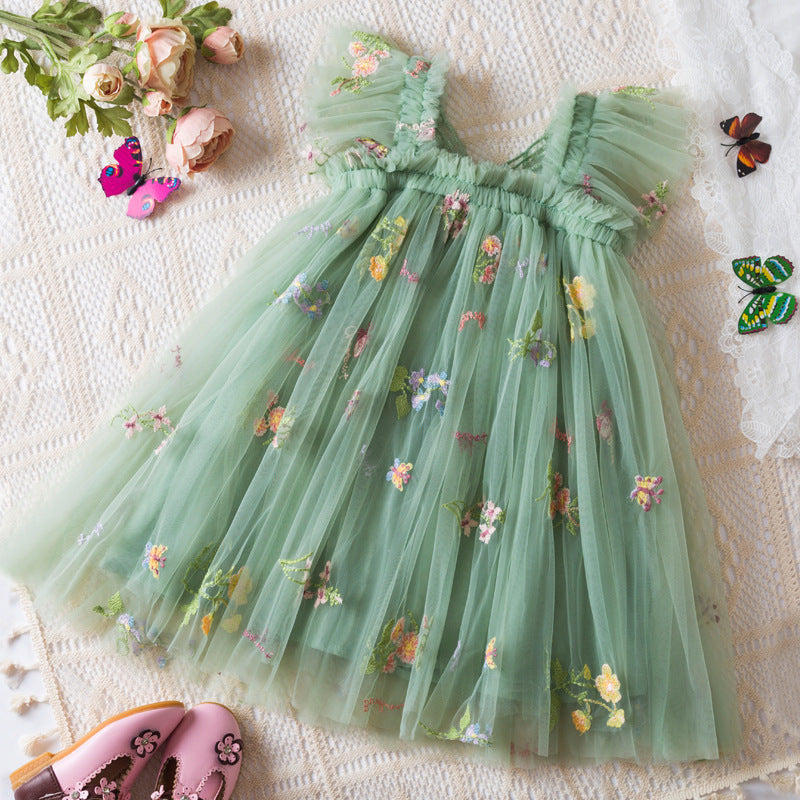 Girls' Korean Flower Embroidered Mesh Princess Dress
