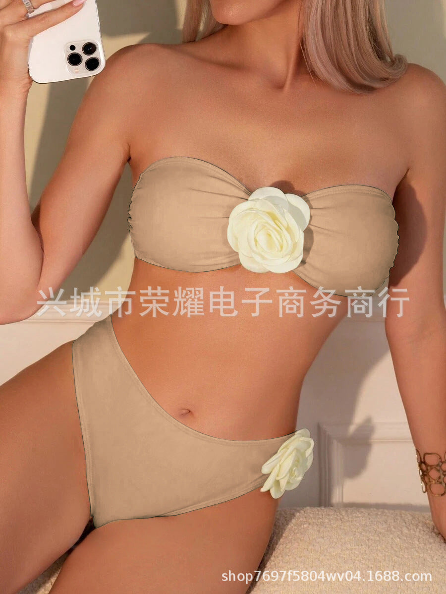 Women's Rose Tube Top Two-Piece Bikini Set